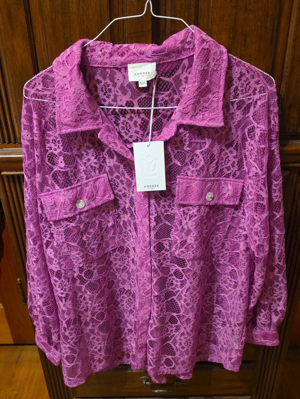 ANDREE BY UNIT Fuchsia Lace Button-Down Shirt